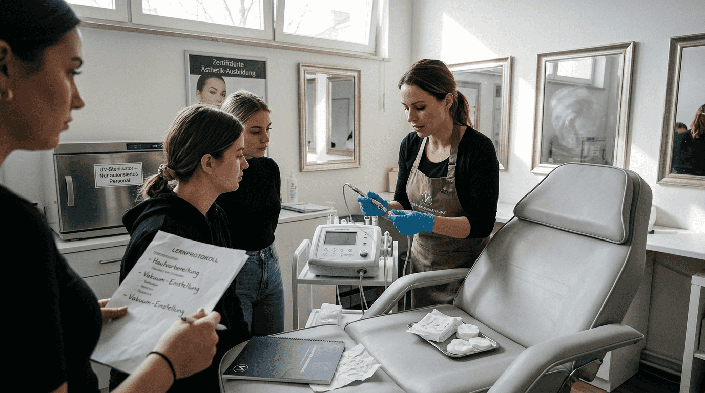 Eine Lehrerin stellt ein Gerät im Praxisraum einer Berliner Schule vor und erklärt dessen Funktionen.