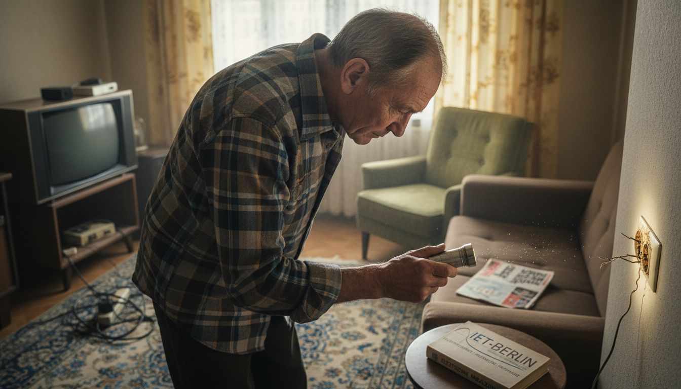 Ein älterer Herr überprüft eine alte Steckdose im Wohnzimmer.