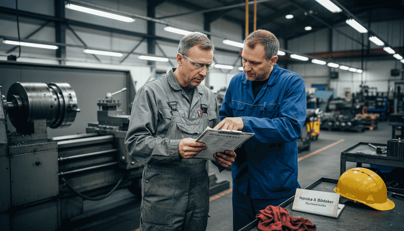 Der Techniker und der Vorgesetzte besprechen gemeinsam die Einhaltung der Vorschriften und gehen die entsprechenden Unterlagen durch.