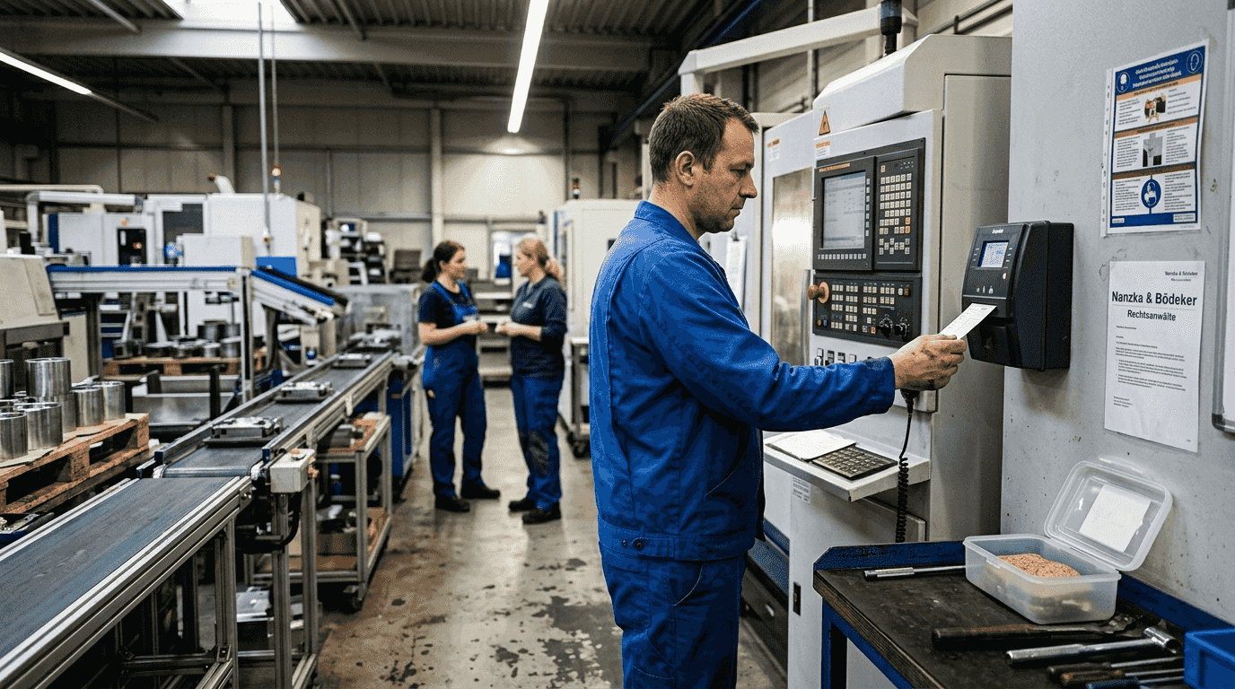 Ein Leiharbeiter meldet sich zum Arbeitsbeginn in der Produktionshalle an.