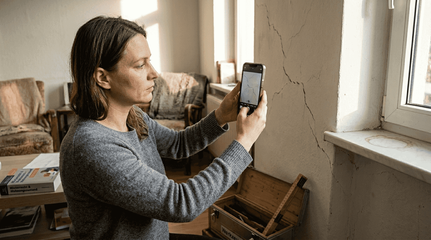Eine Frau hält die Schäden an der Wohnungswand mit Fotos fest.