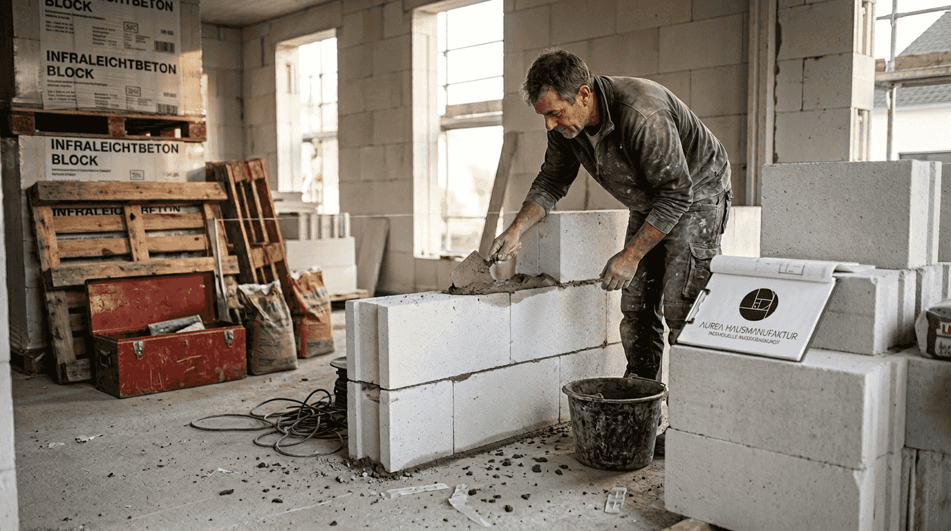 Ein Maurer errichtet eine massive Wand aus Leichtbeton in monolithischer Bauweise.
