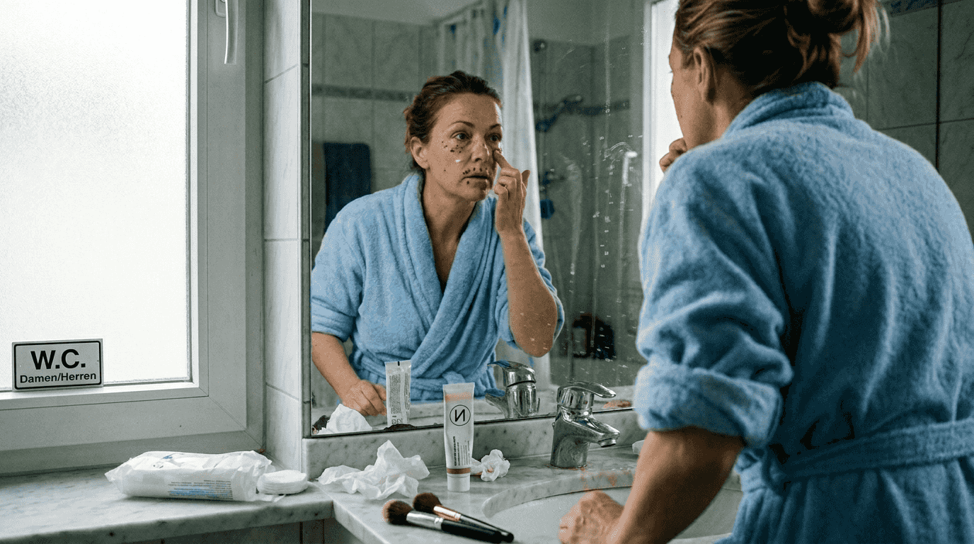 Nach der Behandlung trägt die Frau sorgfältig eine Creme auf ihr Gesicht auf.