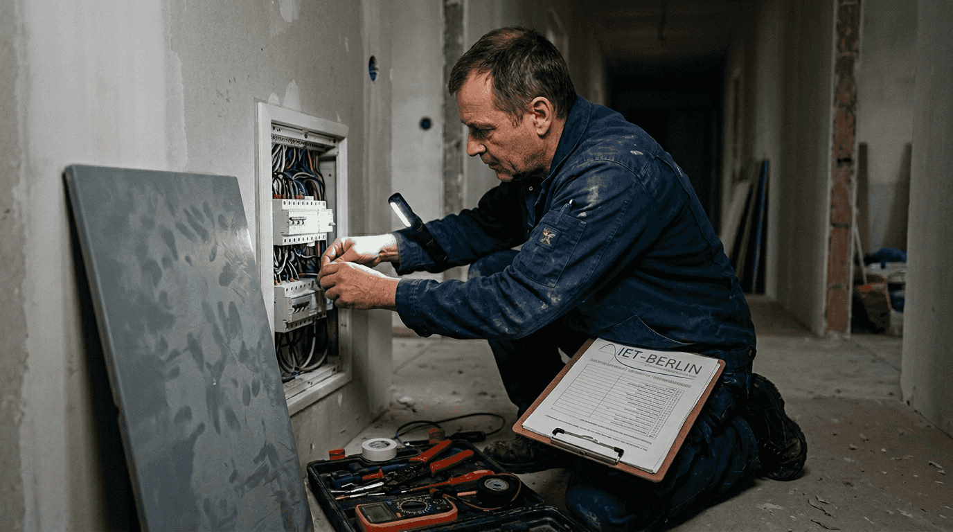 Ein Elektriker überprüft die offene Elektroinstallation.