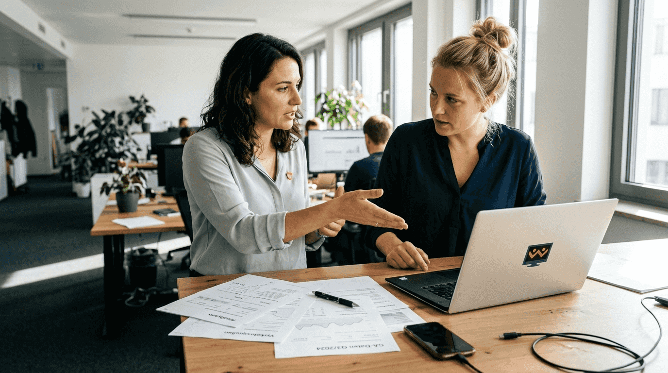 Das Team tauscht sich am Schreibtisch über die aktuellen Besucherzahlen der Website aus.