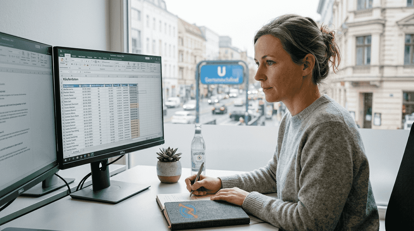 Ein Mitarbeiter prüft am Computer die Kundendaten und analysiert das Kaufverhalten.
