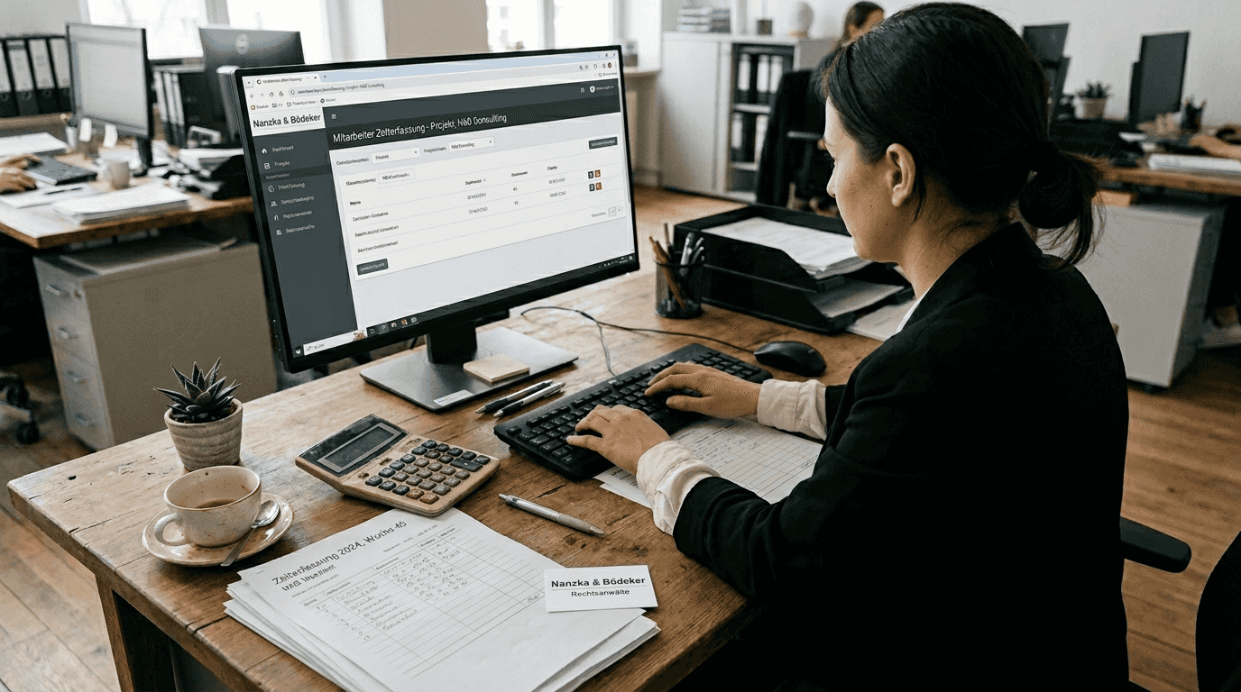 Eine Mitarbeiterin trägt ihre Arbeitszeiten am Computer im Büro ein.