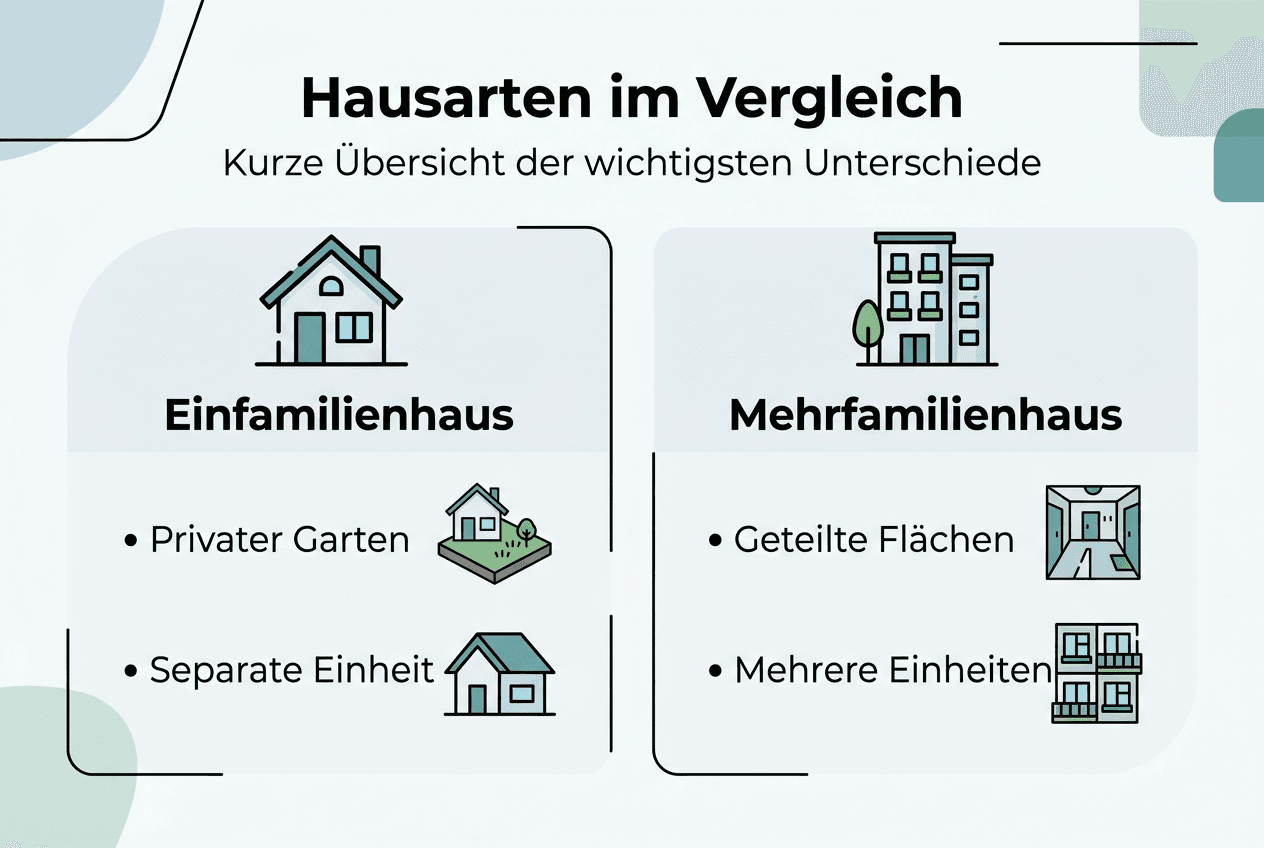 Infografik: Gegenüberstellung von Einfamilienhaus und Mehrfamilienhaus