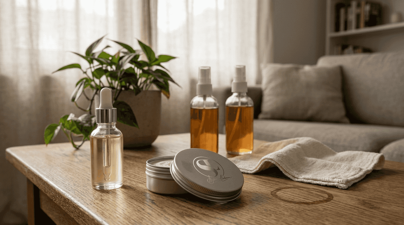 Auf dem Wohnzimmertisch liebevoll arrangierte Naturkosmetik-Produkte sorgen für eine entspannte und harmonische Atmosphäre.