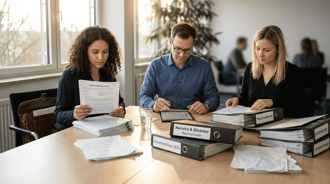 Mitarbeiter der Personalabteilung sichten und bearbeiten Unterlagen von Zeitarbeitskräften am Schreibtisch.