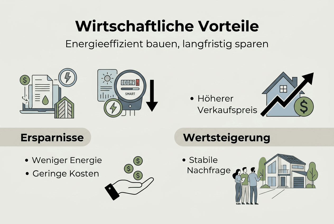 Eine anschauliche Infografik verdeutlicht, wie energieeffiziente Häuser sich positiv auf die Haushaltskasse auswirken und langfristig Kosten sparen.
