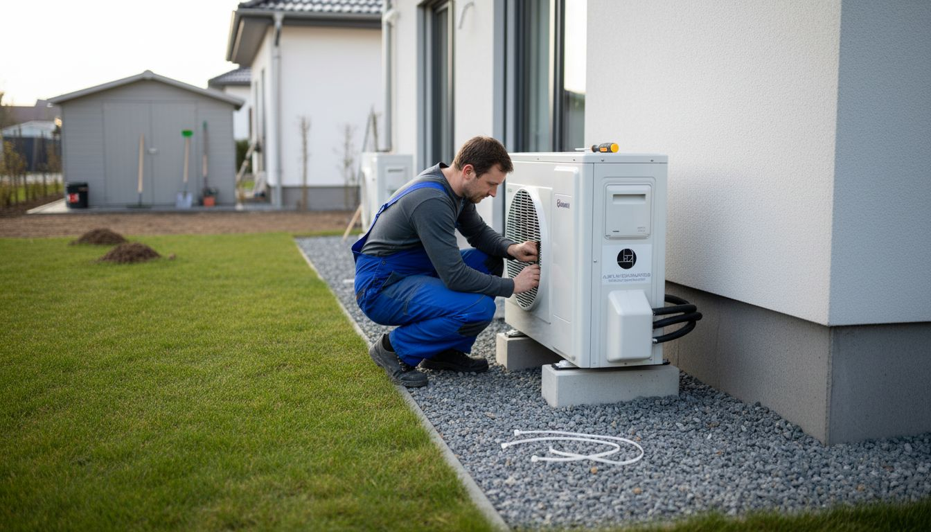 Ein Fachmann montiert eine moderne Wärmepumpe am Einfamilienhaus.