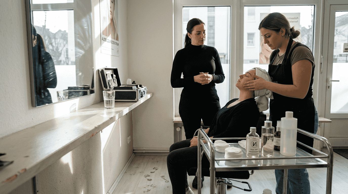 Vorteile von Kosmetik-Ausbildungen 2026 2 Eine erfahrene Fachkraft zeigt einem Schüler Schritt für Schritt, wie eine Gesichtsmassage richtig durchgeführt wird und gibt praktische Tipps während der Anwendung.