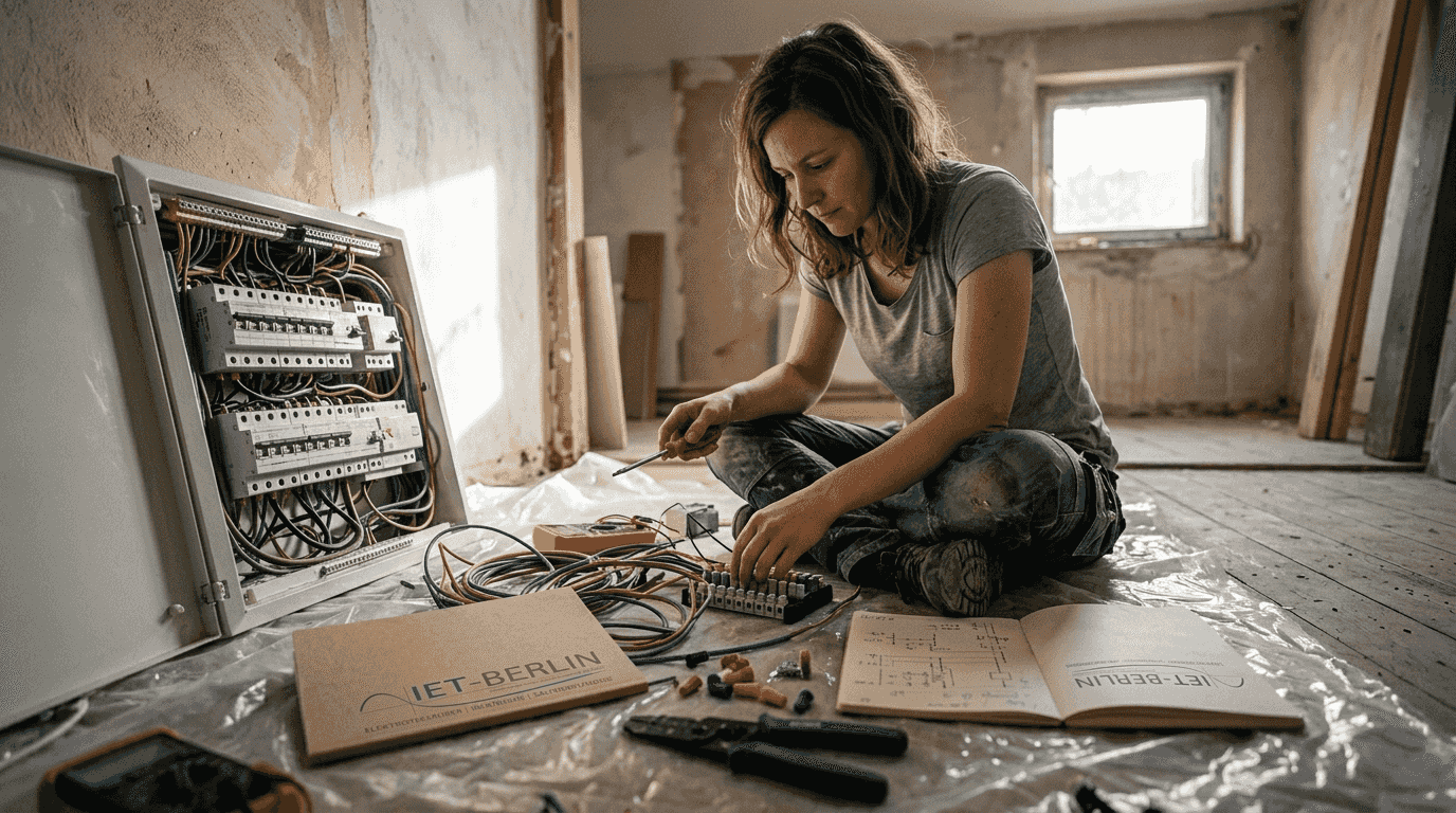 Eine Frau ordnet Kabel vor dem Sicherungskasten.