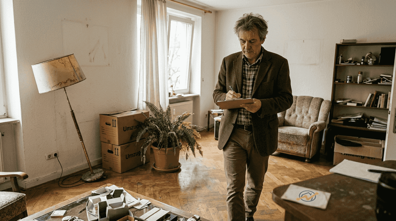 Der Gutachter nimmt das Wohnzimmer genau unter die Lupe, um den Wert der Immobilie festzustellen.