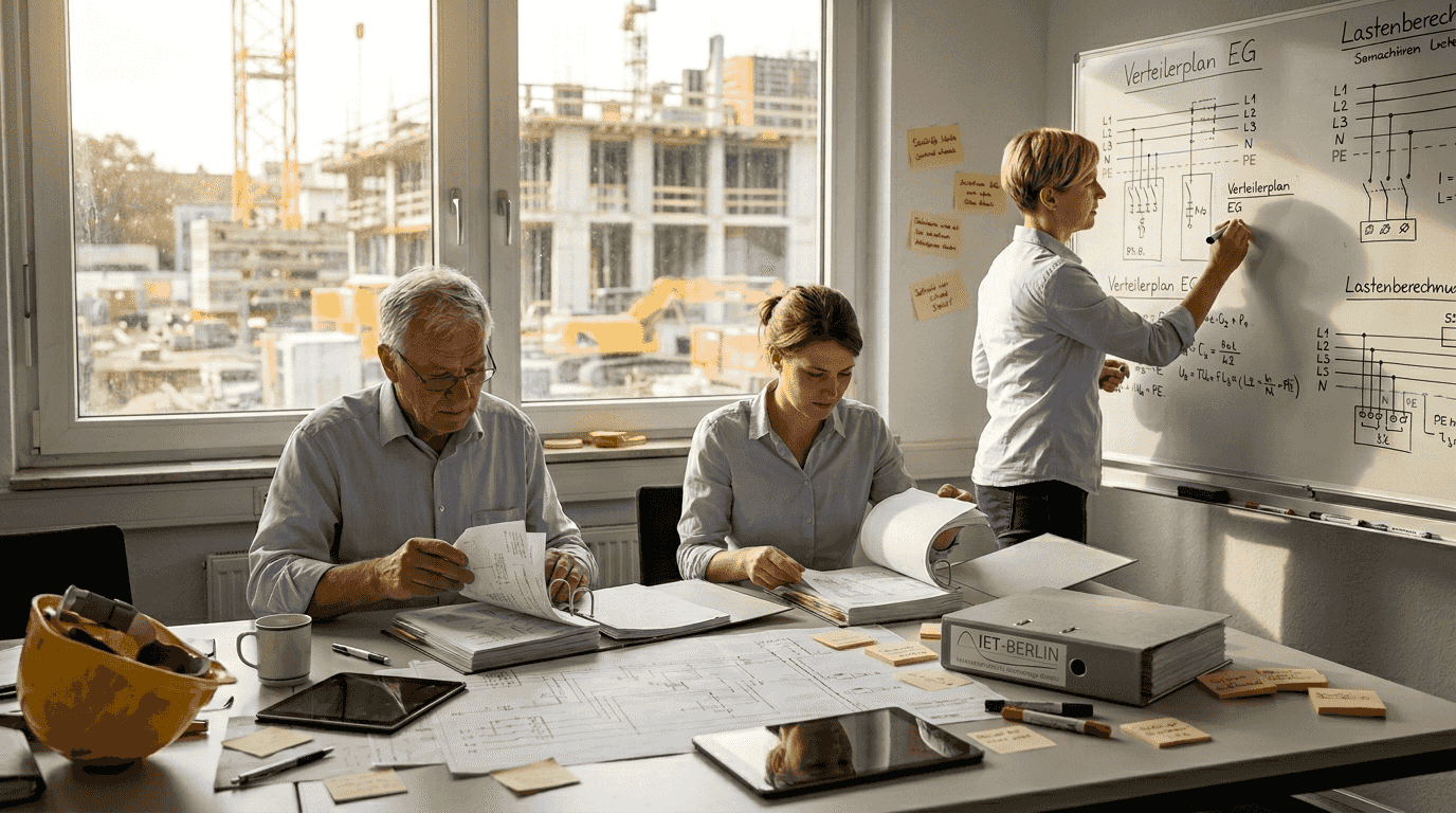 Im Büro diskutiert das Team gemeinsam die Planung der Elektrotechnik.