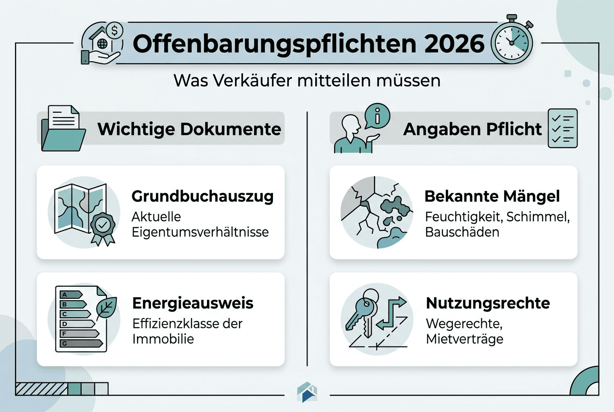 Infografik: Welche Unterlagen und Auskunftspflichten sind beim Immobilienverkauf wichtig?