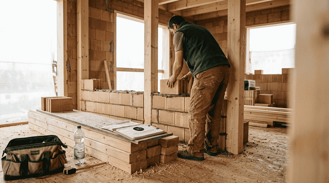 Ein Handwerker setzt auf nachhaltige Baustoffe wie Holz und Lehm.
