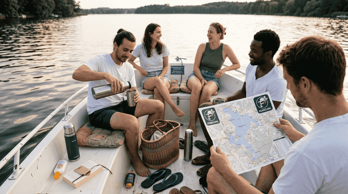 Mit Freunden entspannt eine Bootstour über den Müggelsee genießen