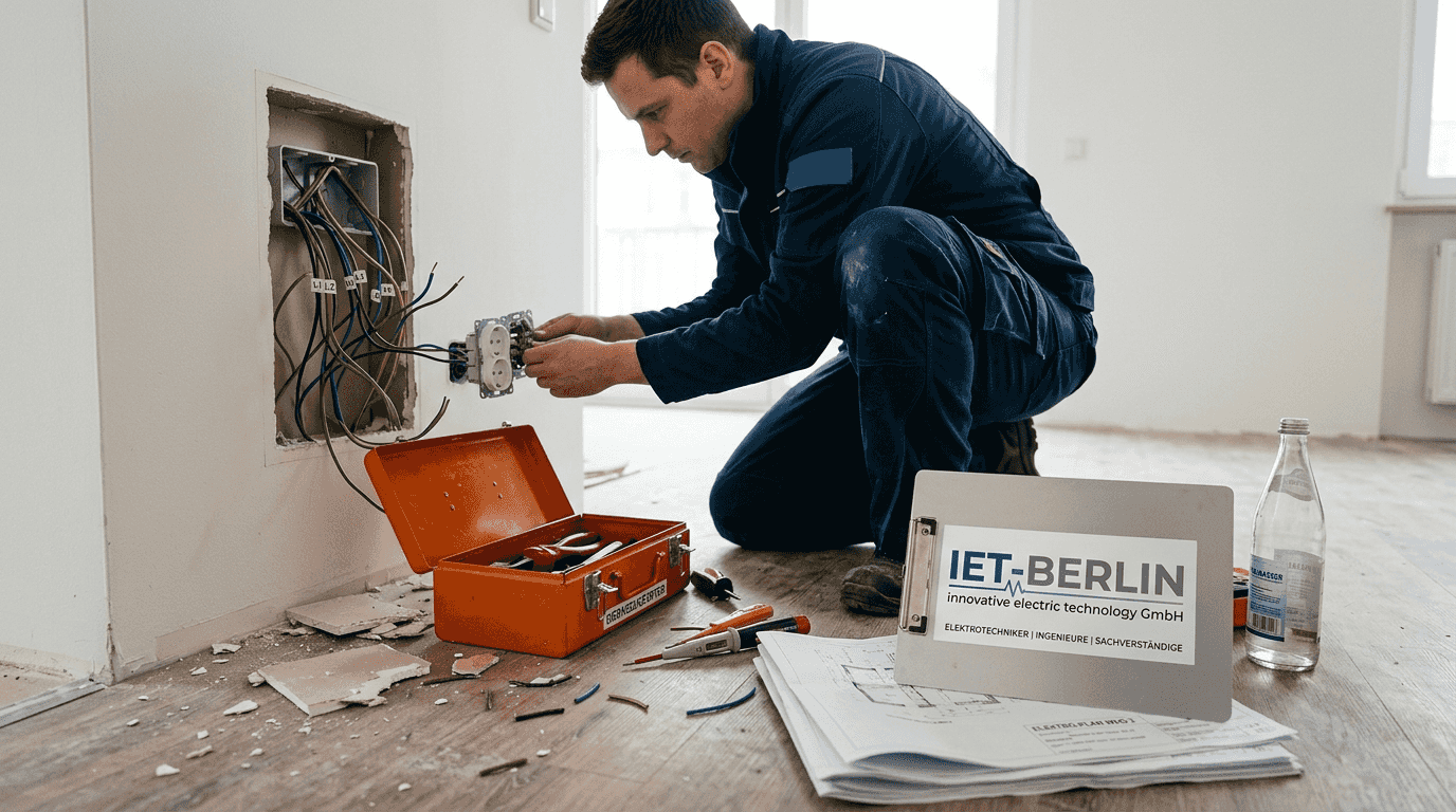 Ein Elektriker verlegt die Leitungen in einem neu gebauten Wohnhaus.