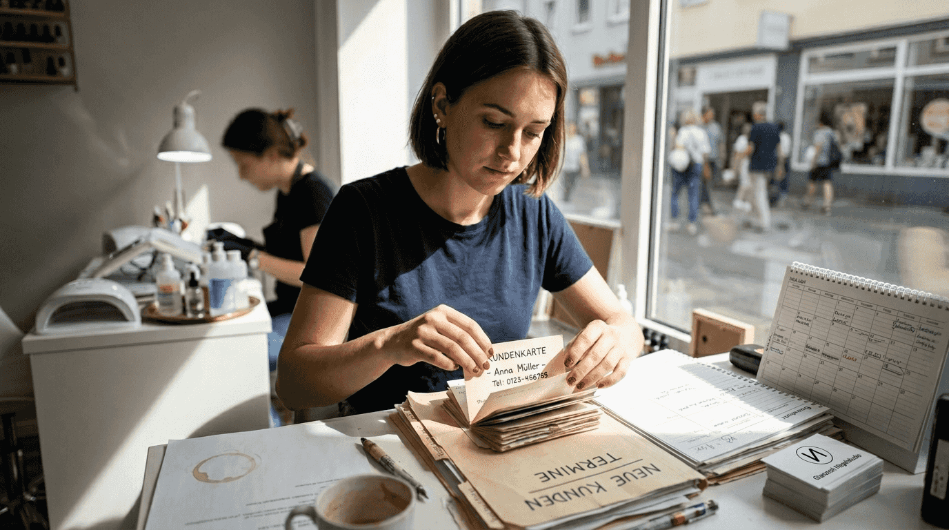 Die Studioleiterin ordnet Kundenkarten im Kosmetiksalon.