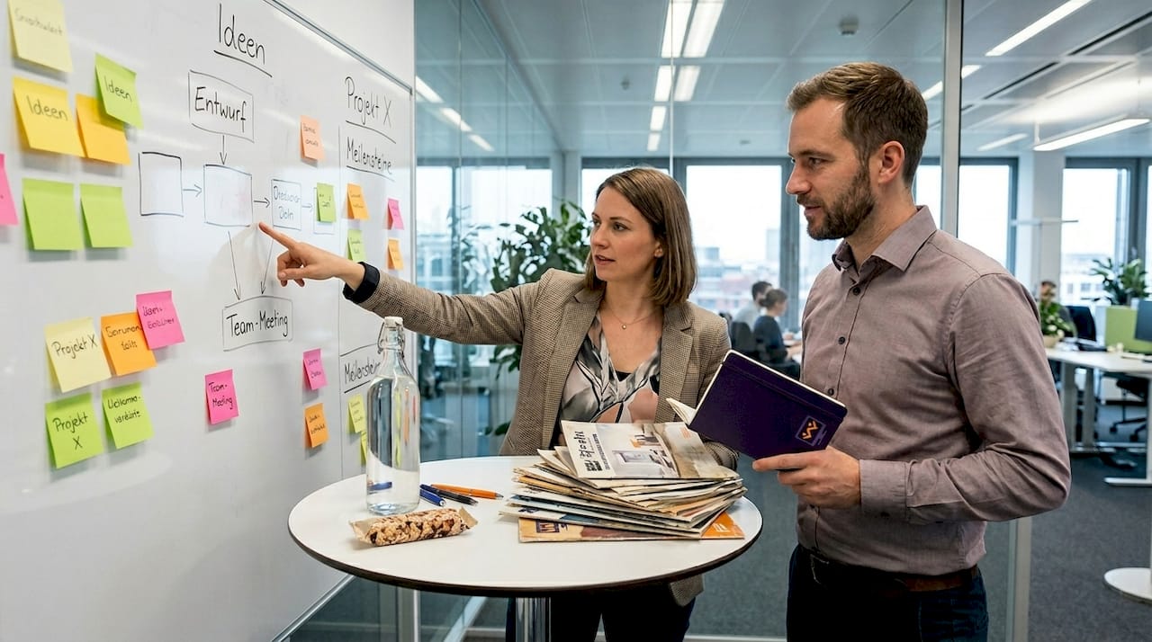 Das Team visualisiert gemeinsam alle Berührungspunkte mit den Kunden auf einem Whiteboard.