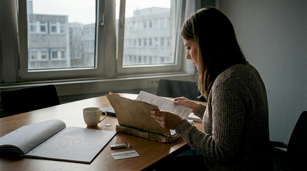Eine Sachbearbeiterin überprüft am Schreibtisch die Unterlagen zur Zeitarbeit.