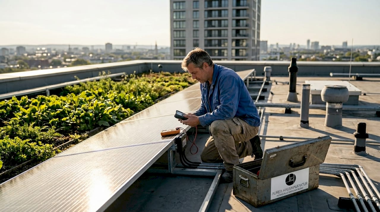Ein Techniker überprüft die Solaranlagen auf dem Dach.