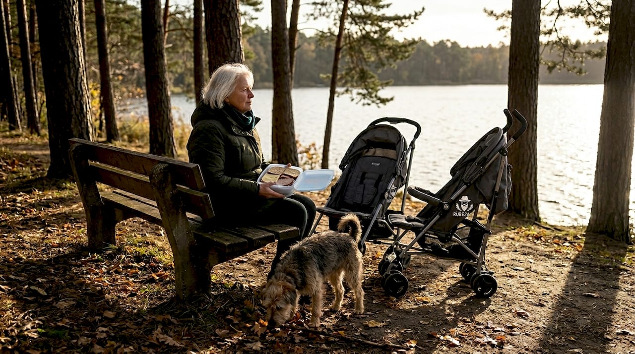 Eine Frau macht am Seeufer mit ihrem Kinderwagen eine Pause.
