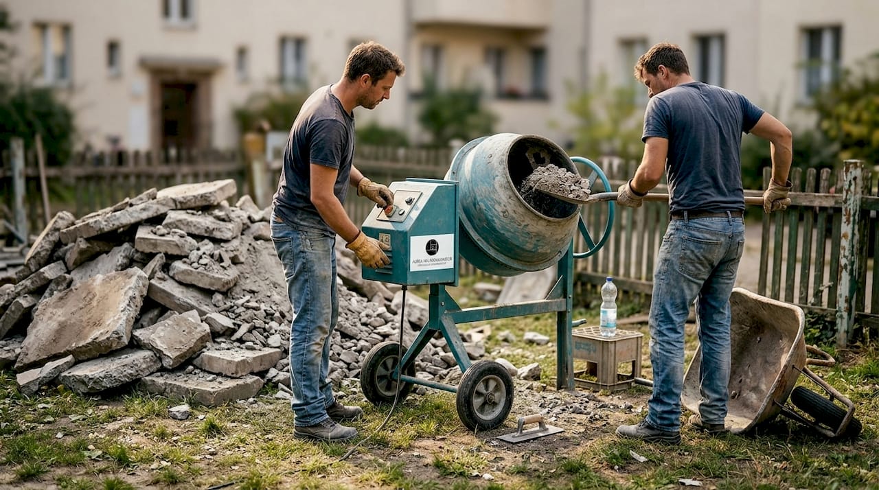Auf der Baustelle mischen Arbeiter recycelten Beton an.