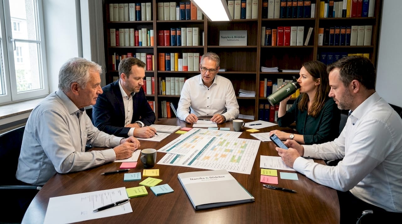 Im Besprechungsraum tauscht sich das Team über flexible Arbeitsmodelle aus.