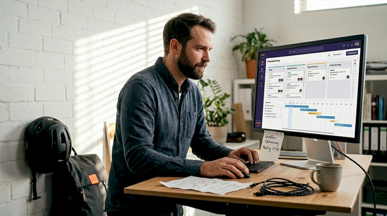 Ein selbstständiger Unternehmer überwacht die Automatisierungsprozesse an seinem Bildschirm.