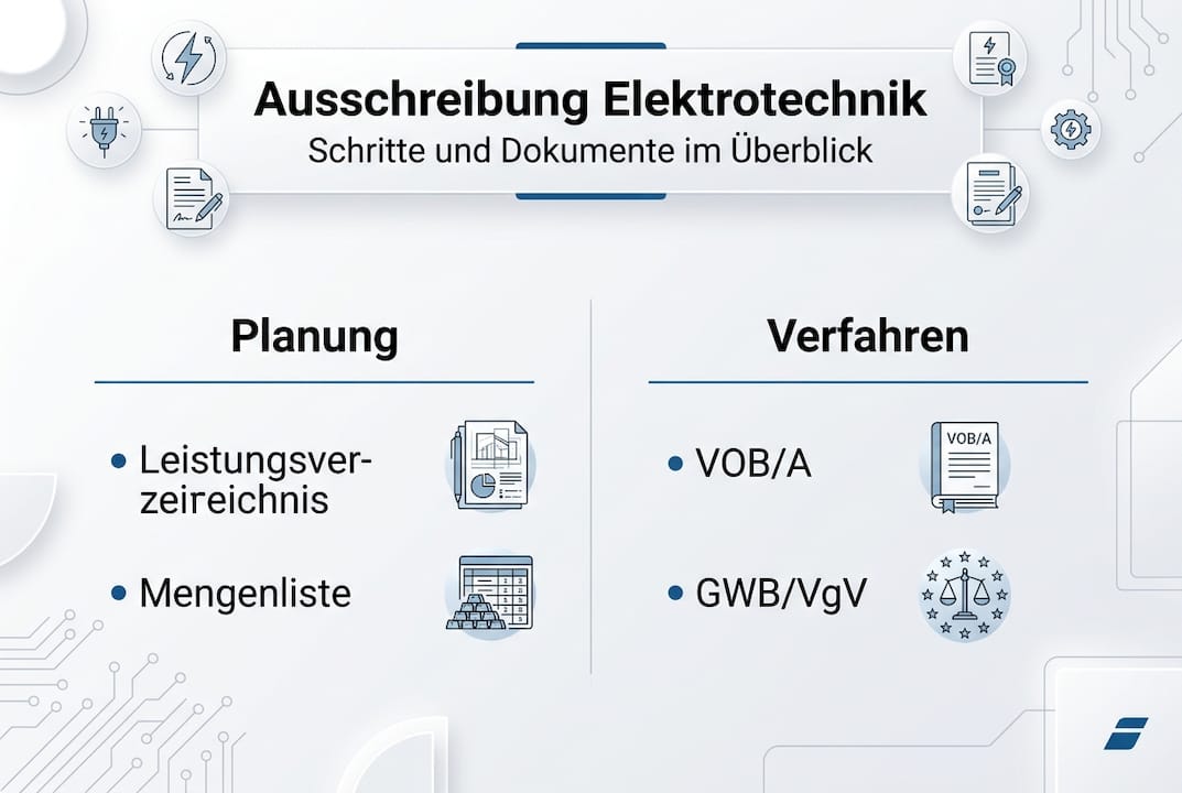 Übersicht: Der Ablauf und die wichtigsten Unterlagen bei der Ausschreibung von elektrotechnischen Projekten – anschaulich dargestellt in einer Infografik.
