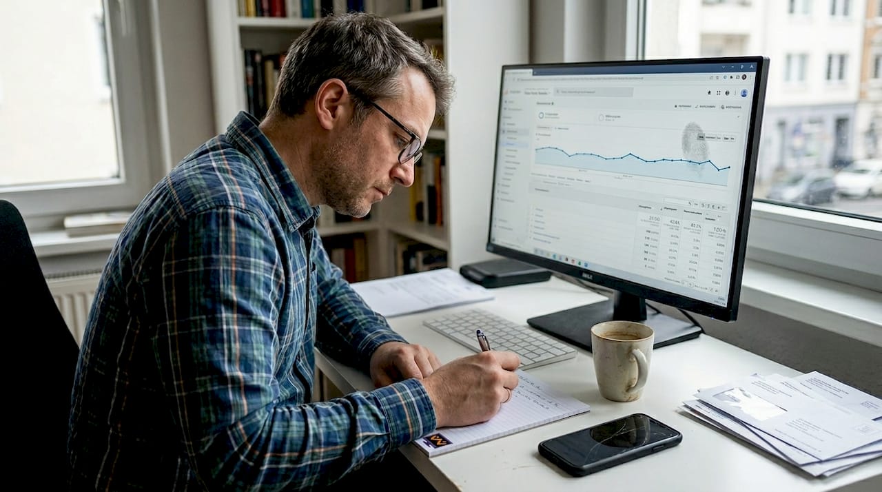 Ein Mann sitzt am Schreibtisch und wertet die Daten seiner Website aus.