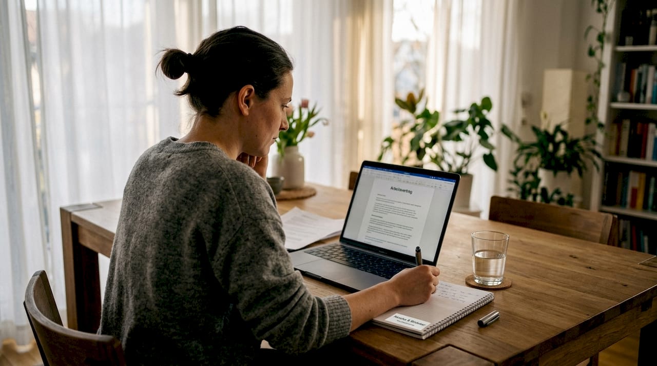 Eine Frau sitzt zu Hause am Tisch und liest aufmerksam ihren neuen Arbeitsvertrag durch.
