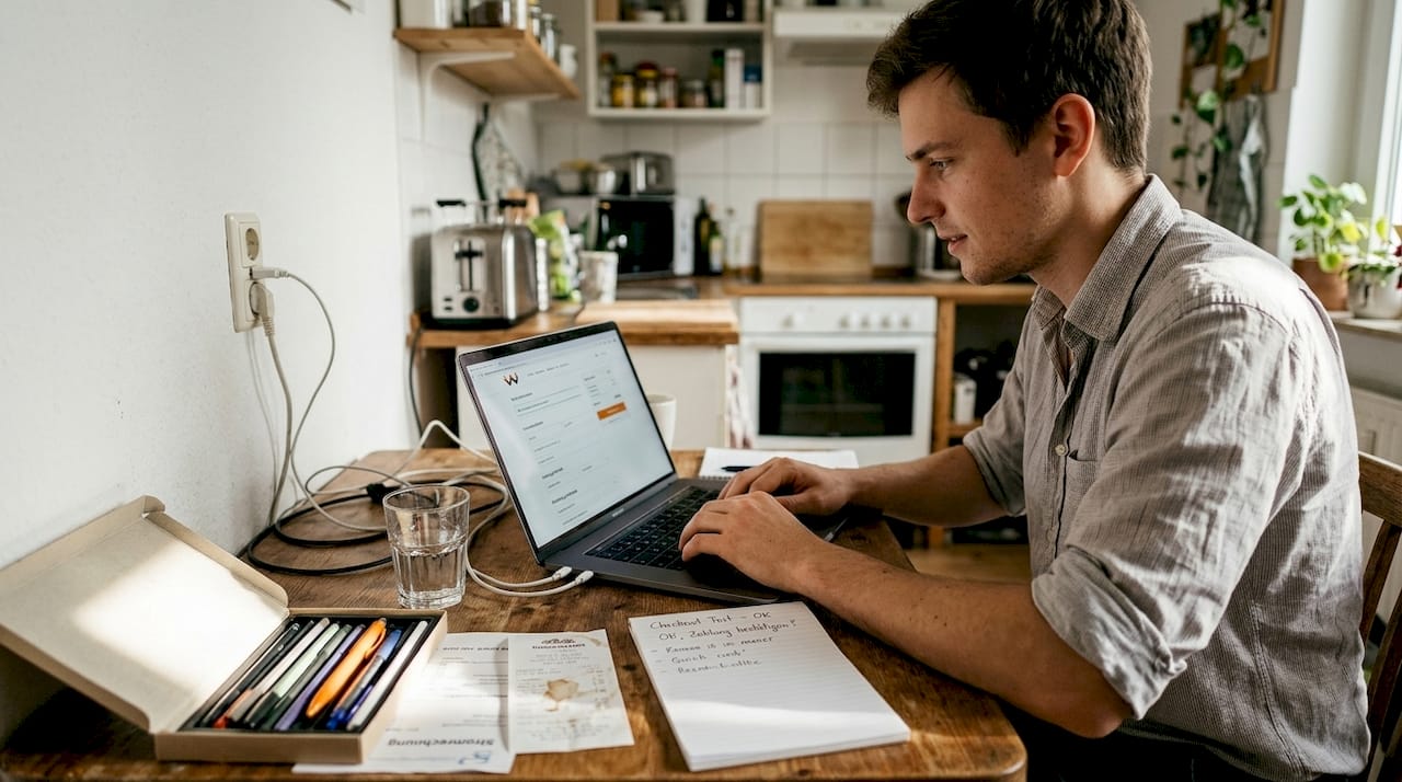 Ein Mann sitzt am Küchentisch und prüft am Laptop den Bezahlvorgang in einem Onlineshop.