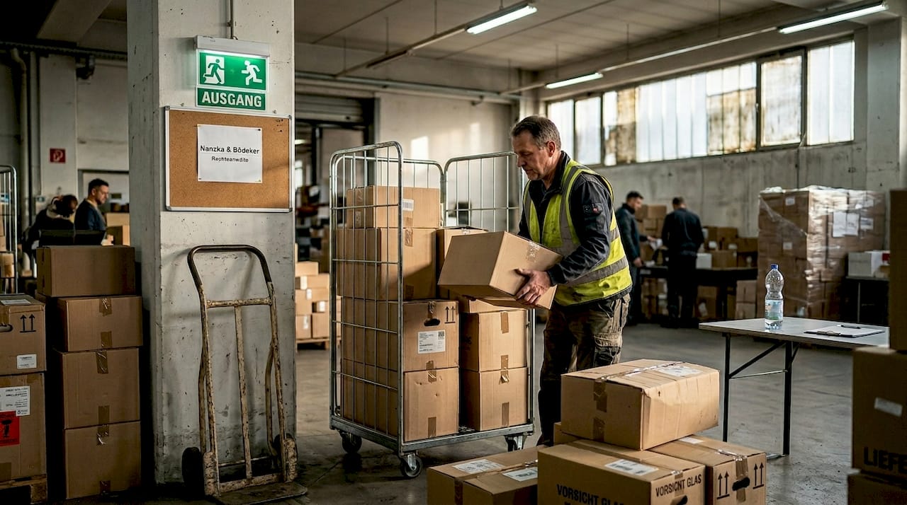 Ein Logistikmitarbeiter entlädt Pakete im geschäftigen Lager.