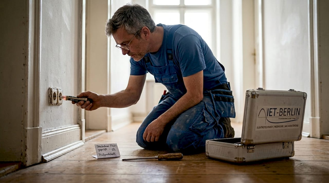 Ein Elektriker kontrolliert die Steckdose im Flur eines Altbaus.
