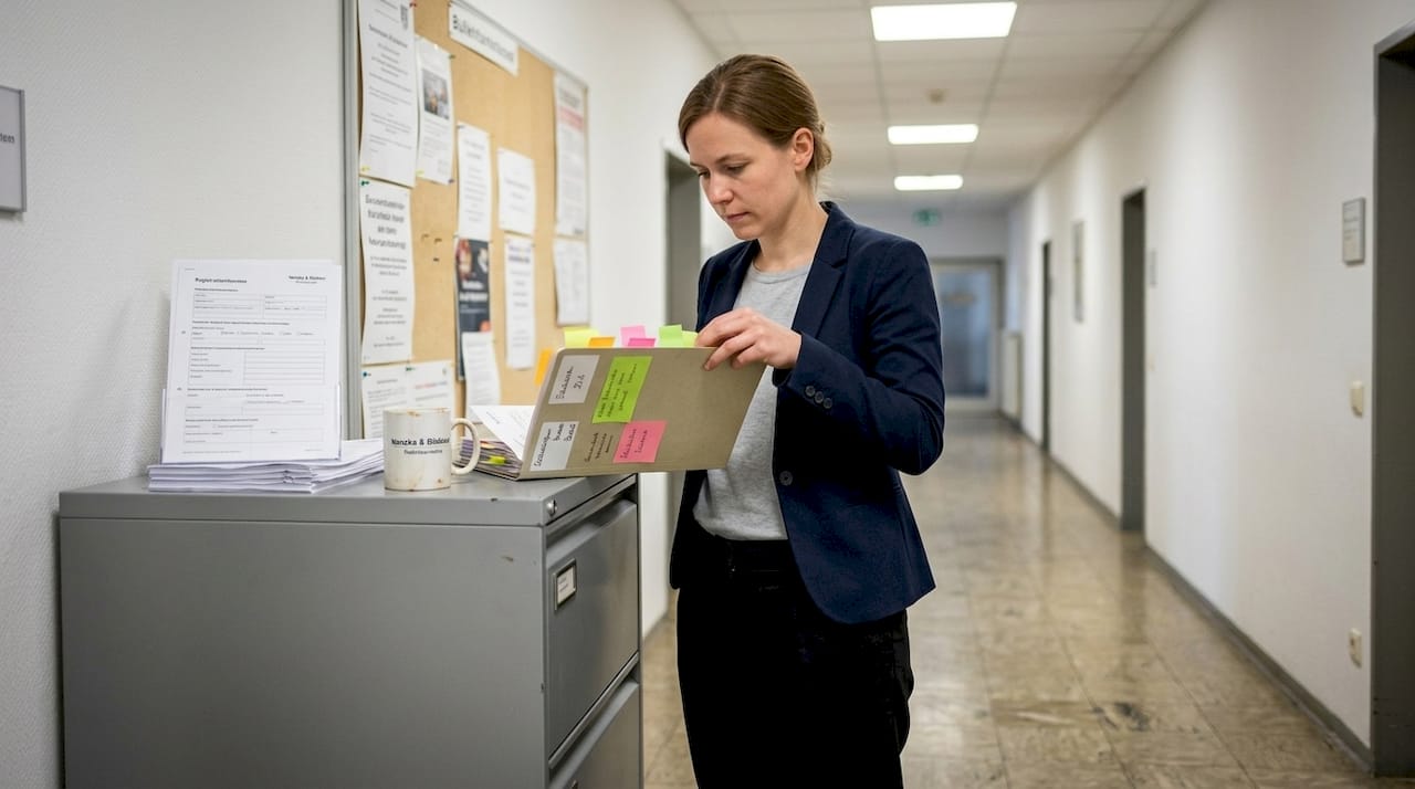 Eine Bürokraft sortiert Unterlagen auf dem Flur.