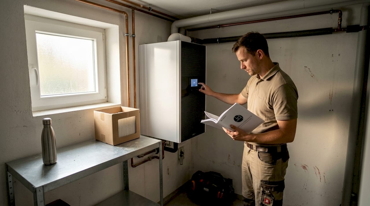 Ein Techniker nimmt in einem Berliner Wohnhaus die Wärmepumpe in Betrieb und sorgt für die optimale Einstellung.