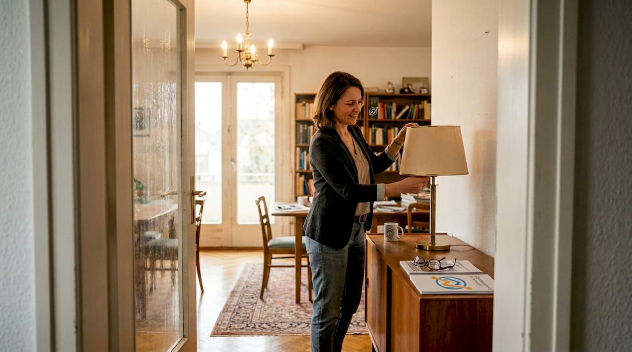Um das Haus optimal für die Besichtigung in Szene zu setzen, sorgt der Eigentümer für die passende Beleuchtung.