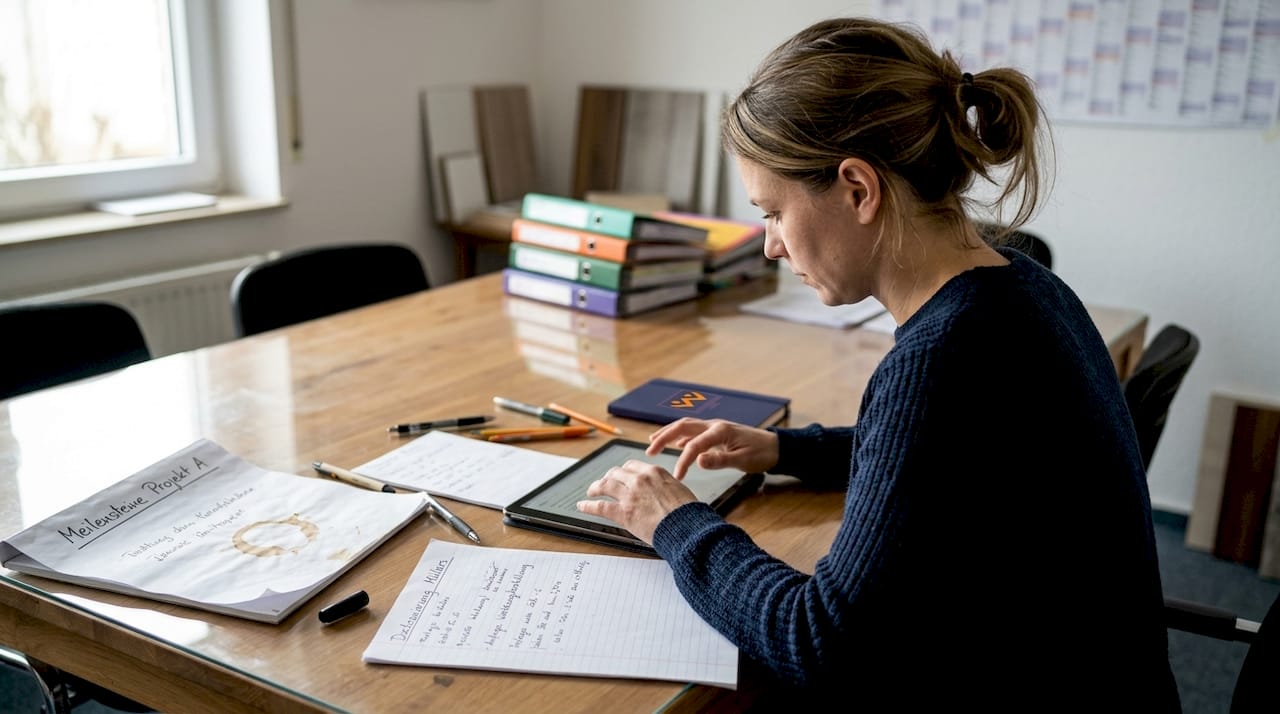 Eine Frau entwickelt am Besprechungstisch eine Strategie für die Suchmaschinenoptimierung.