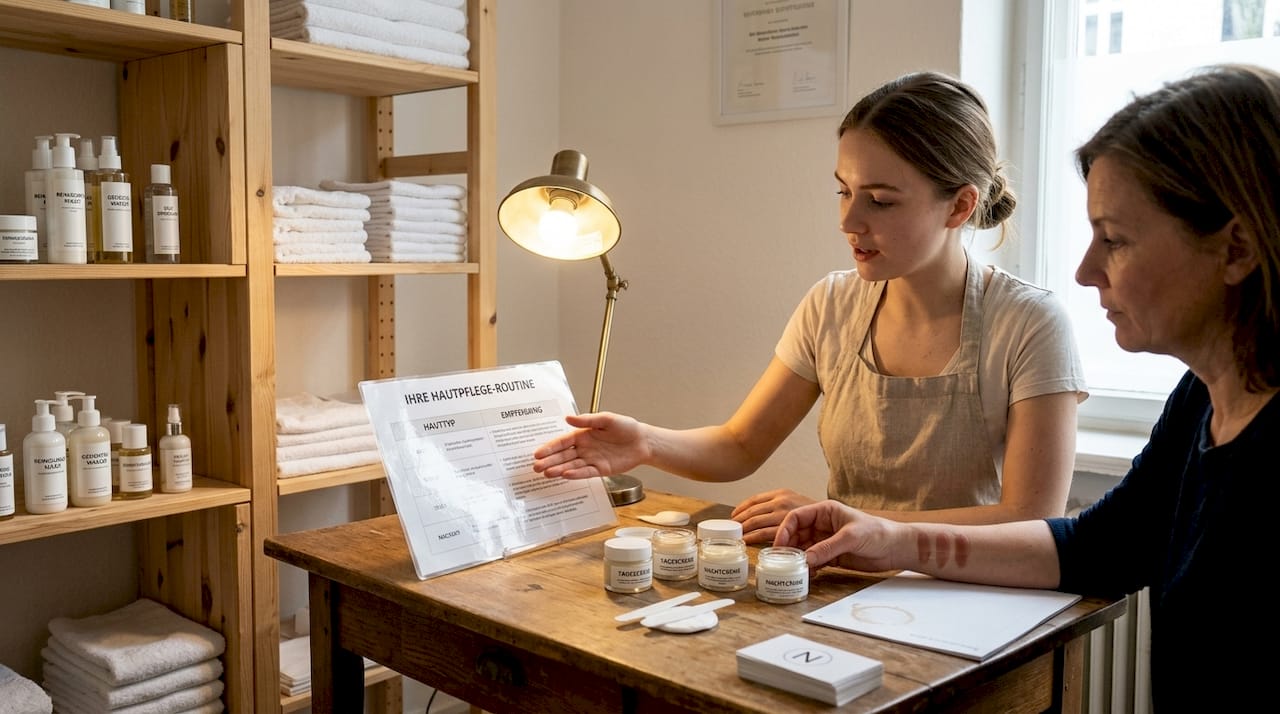 Eine Kosmetikerin berät ihre Kundin in einem modernen Studio.