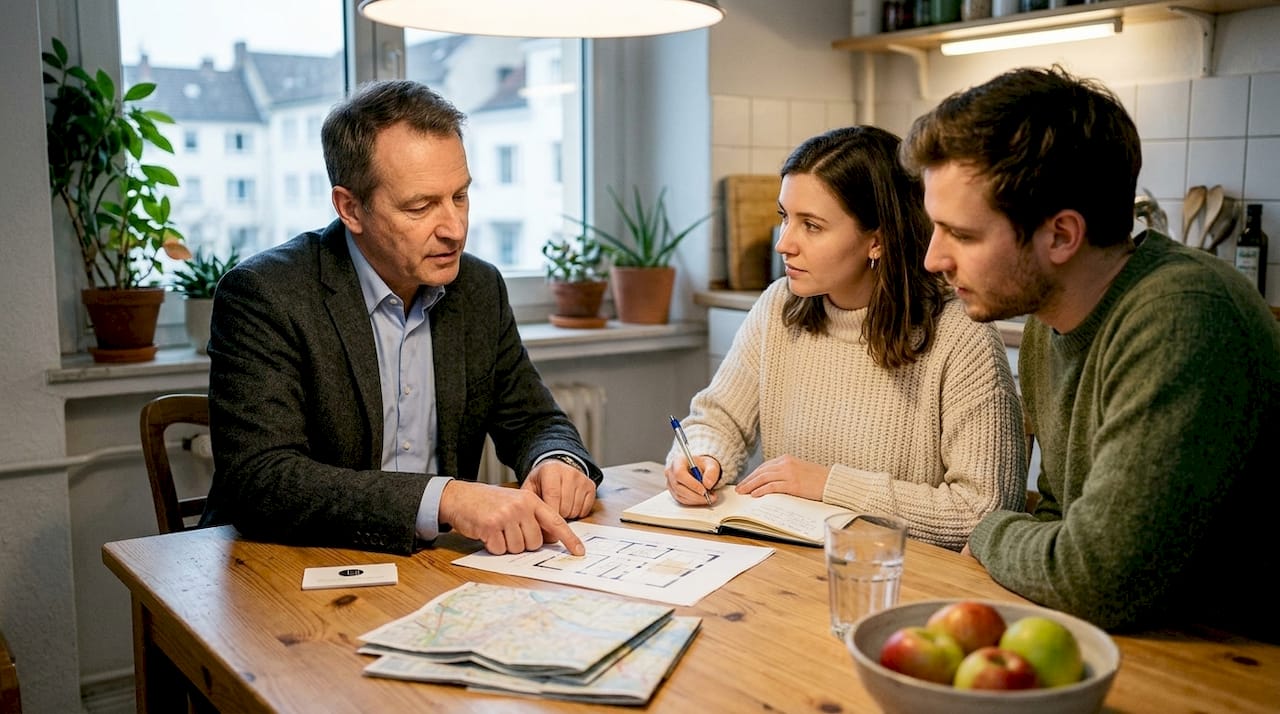 Ein Immobilienmakler bespricht die Baupläne mit einem Paar.