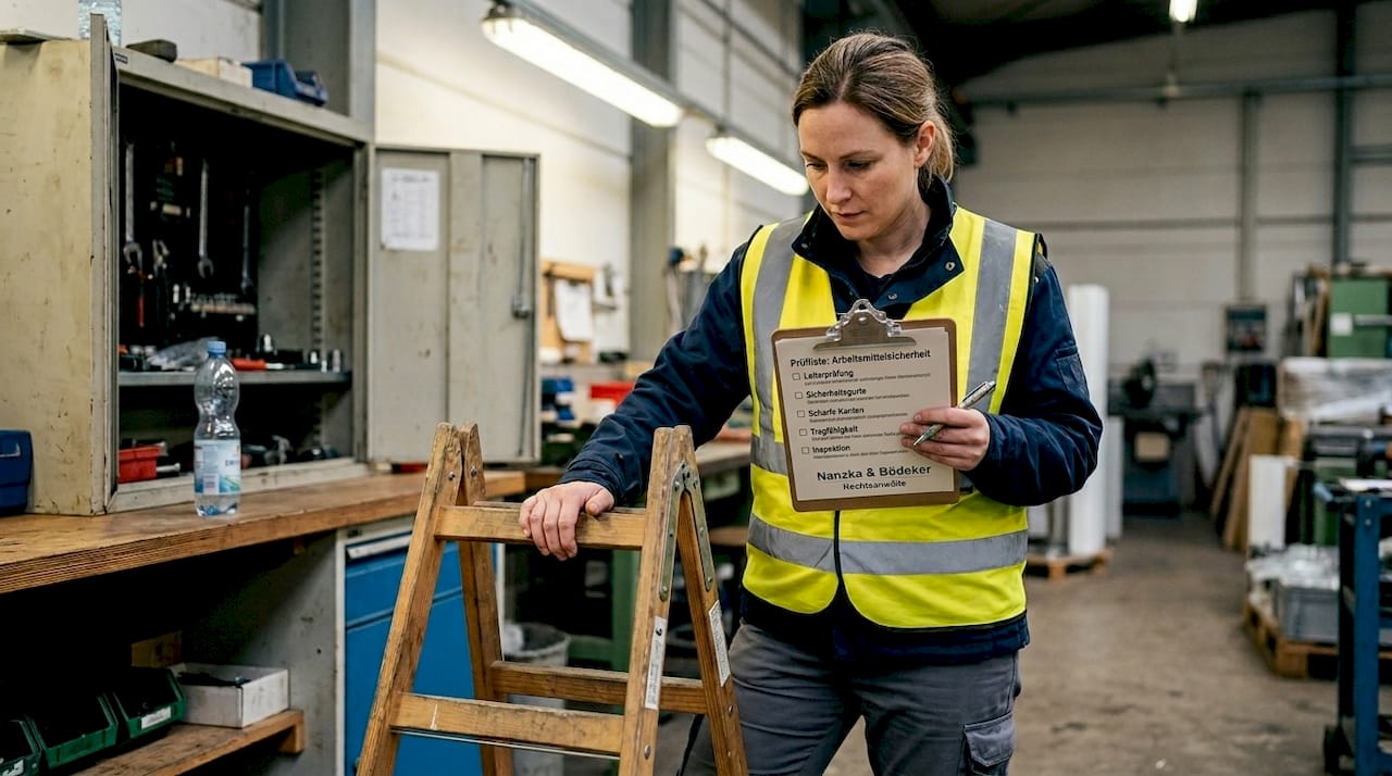 Eine Mitarbeiterin kontrolliert die Ausstattung ihres Arbeitsplatzes anhand einer Checkliste.