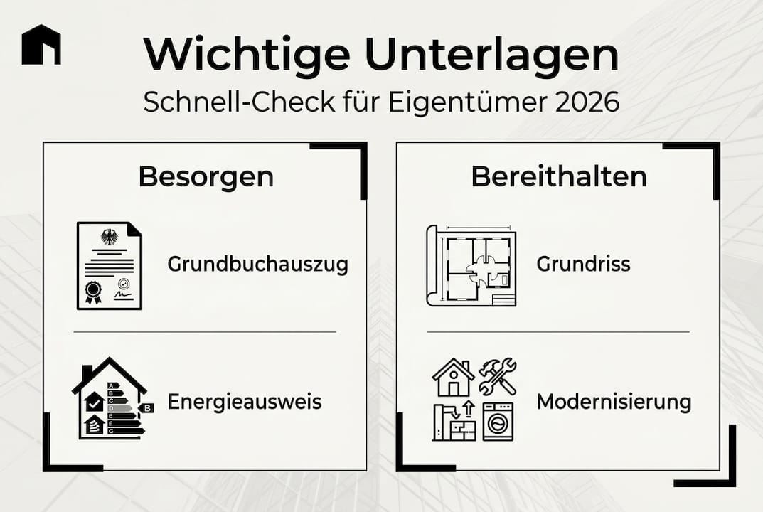 Diese Infografik gibt Ihnen einen Überblick über alle wichtigen Dokumente, die Sie für den Verkauf Ihrer Immobilie bereithalten sollten.