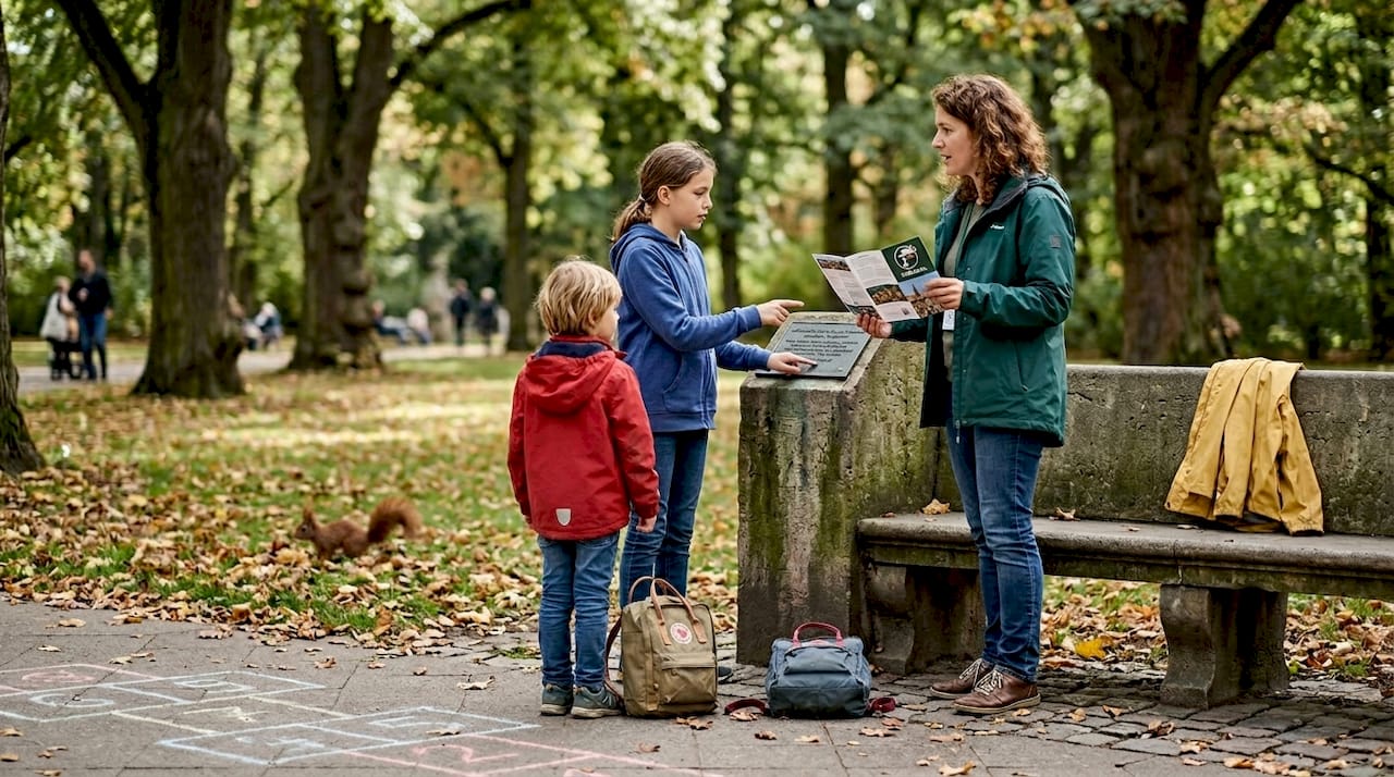 Interessiert lauschen die Kinder den Erzählungen des Stadtführers.