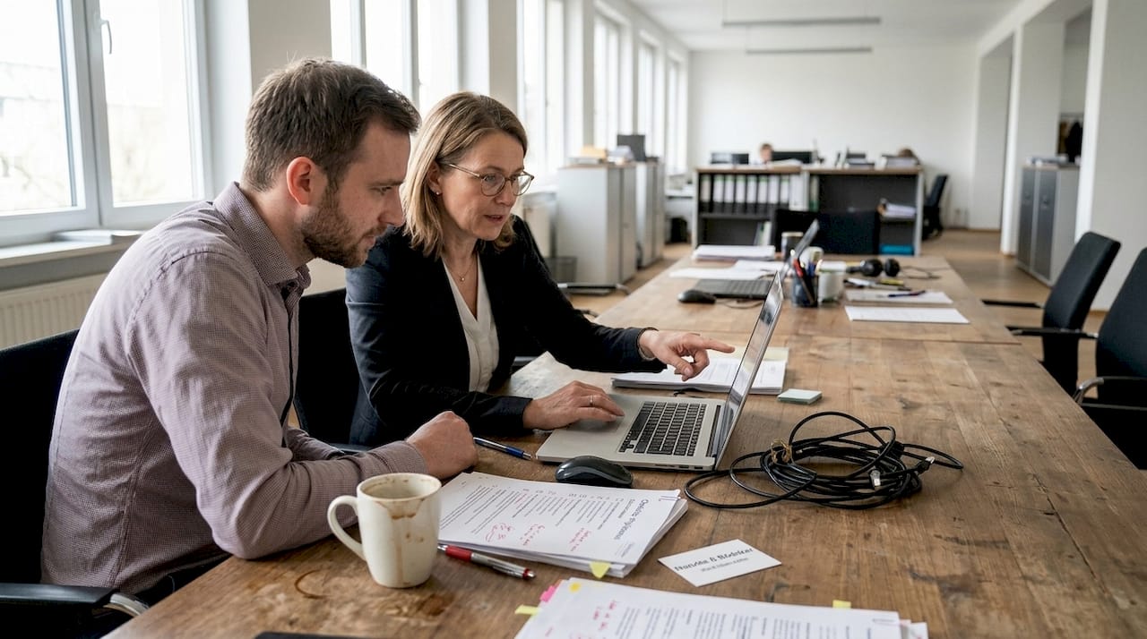 Das Team überprüft im offenen Büro die Einhaltung der Compliance-Vorgaben.