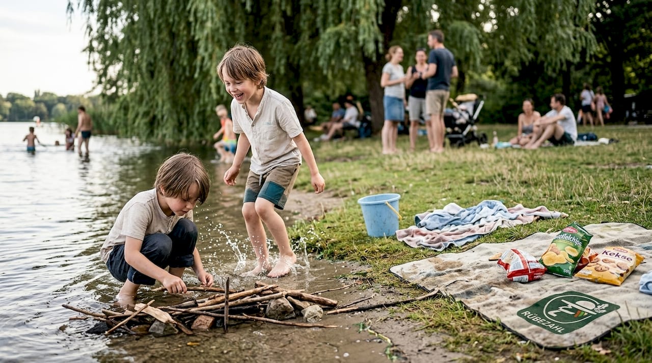 Am flachen Ufer des Müggelsees tollen Kinder ausgelassen im Wasser.