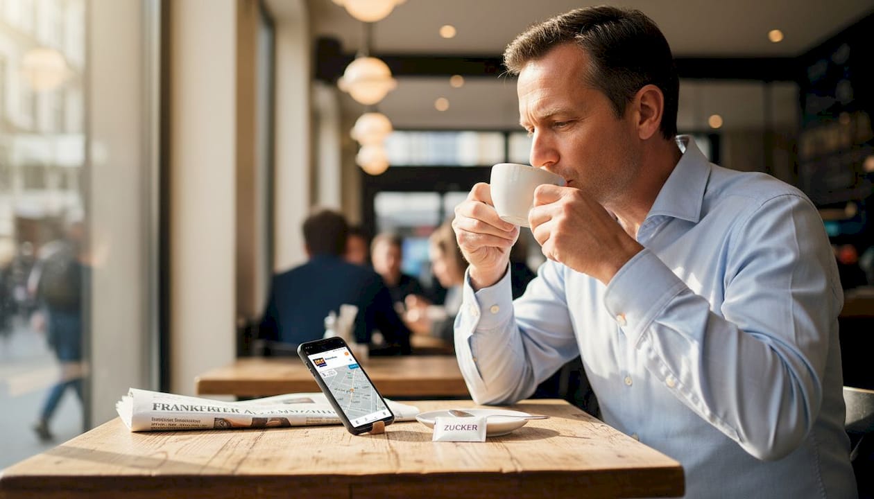 Ein Gast sitzt im Café und nutzt sein Smartphone.